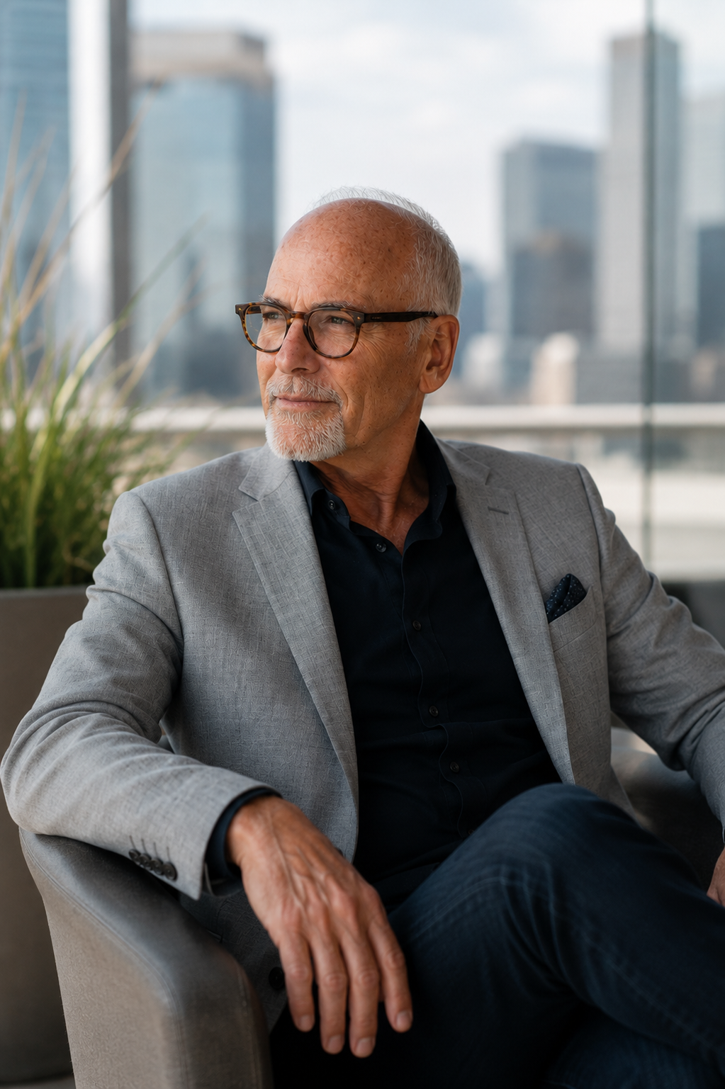 David Kord Murray seated on a terrace above a city skyline, wearing a light grey jacket and dark shirt